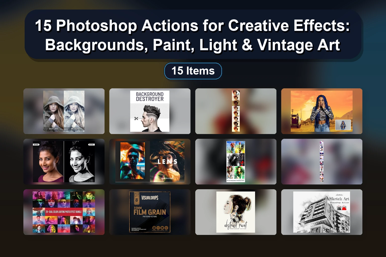 15 Photoshop Actions for Creative Effects: Backgrounds, Paint, Light & Vintage Art 15 Photoshop Actions for Creative Effects Backgrounds Paint collage a9c3bc20 1781860008