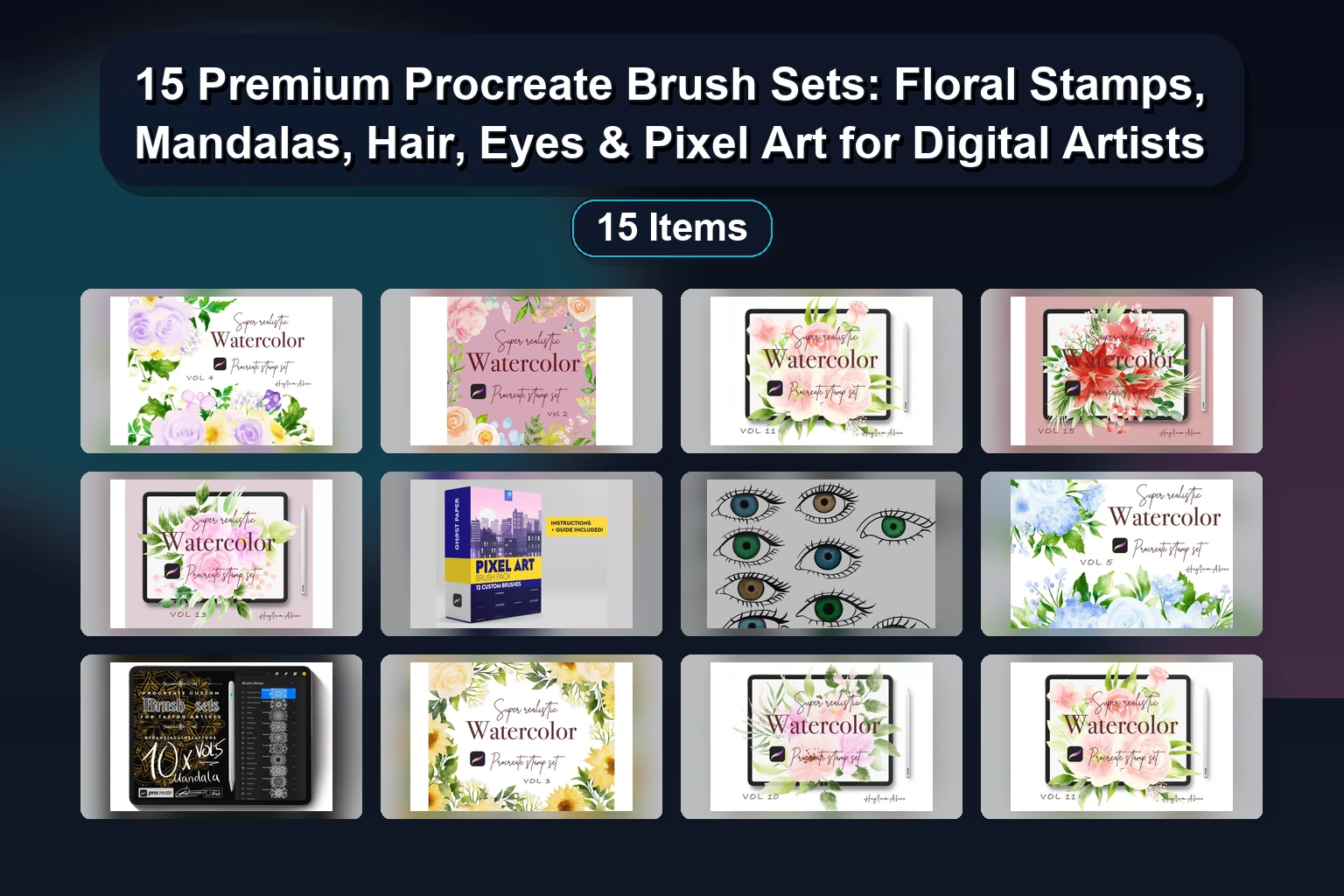 15 Premium Procreate Brush Sets: Floral Stamps, Mandalas, Hair, Eyes & Pixel Art for Digital Artists 1 15 Premium Procreate Brush Sets: Floral Stamps, Mandalas, Hair, Eyes & Pixel Art for Digital Artists 15 Premium Procreate Brush Sets Floral Stamps Mandalas Hair collage 39f91772 1781848486