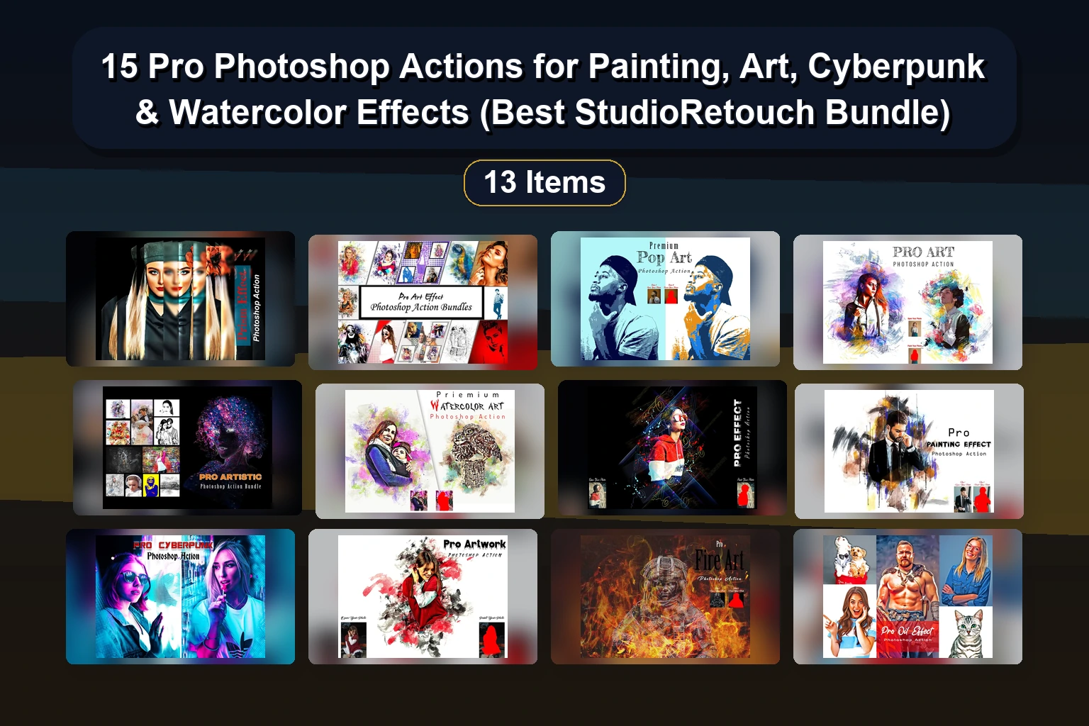 15 Pro Photoshop Actions for Painting, Art, Cyberpunk & Watercolor Effects (Best StudioRetouch Bundle) 15 Pro Photoshop Actions for Painting Art Cyberpunk Waterco collage 2d78d5a8 1781864082
