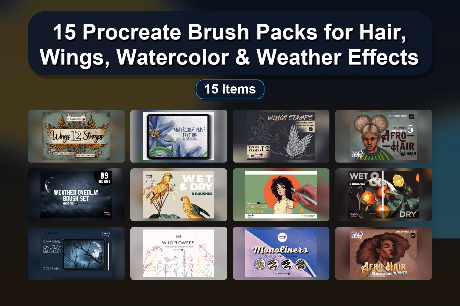 24 Watercolor, Vintage Ink & Lashes Brushes for Procreate (Selected Assets Part 22)