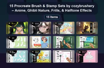 15 Procreate Brush & Stamp Sets by cozybrushery – Anime, Ghibli Nature, Frills, & Halftone Effects