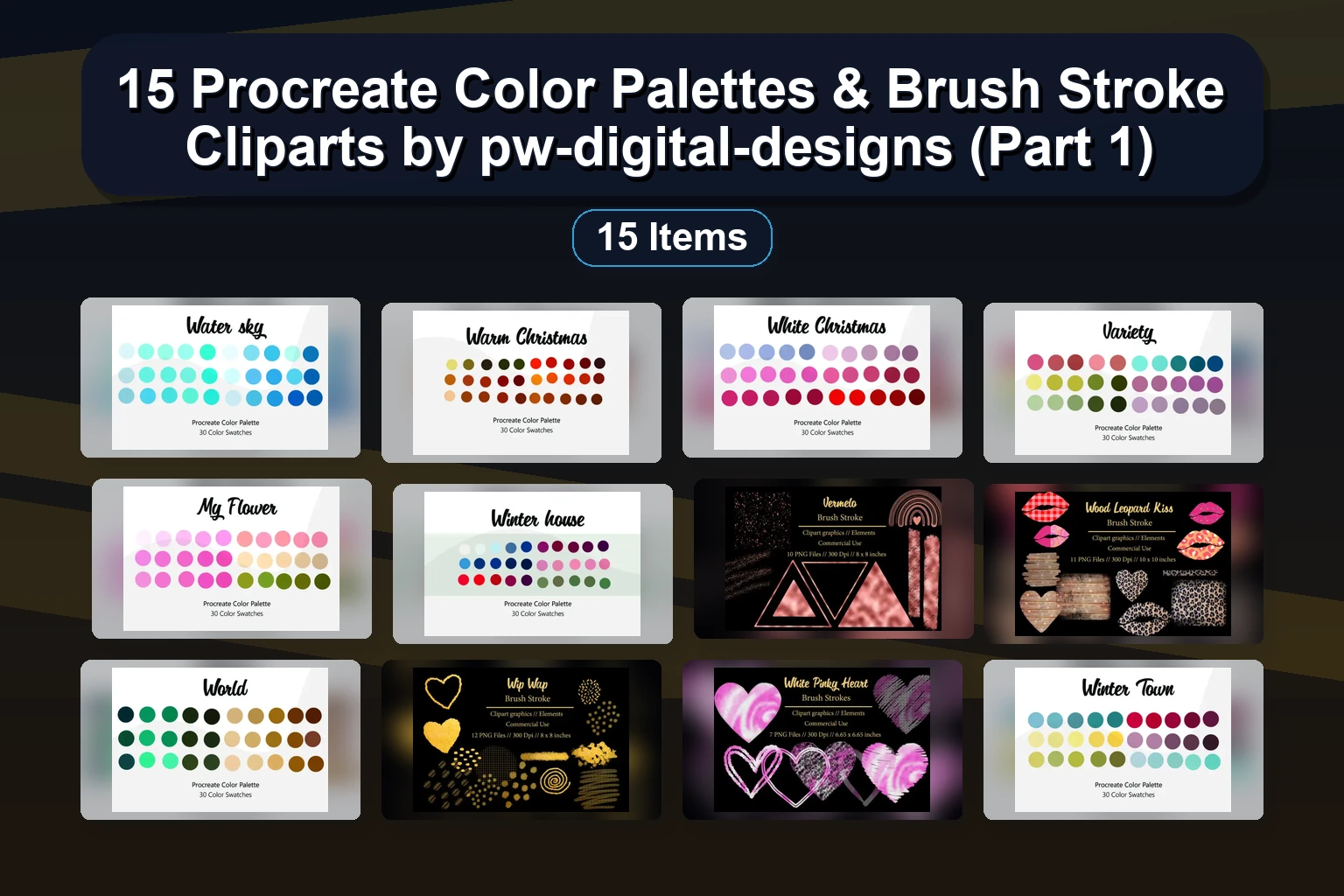 15 Procreate Color Palettes & Brush Stroke Cliparts by pw-digital-designs (Part 1)