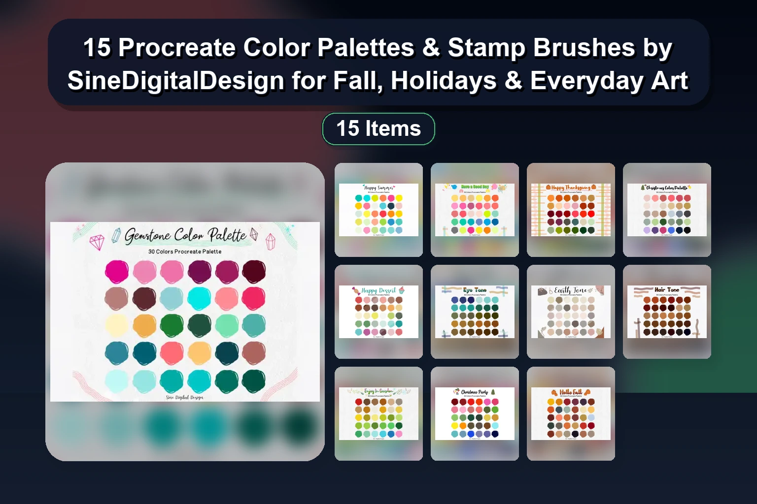 15 Procreate Color Palettes & Stamp Brushes by SineDigitalDesign for Fall, Holidays & Everyday Art