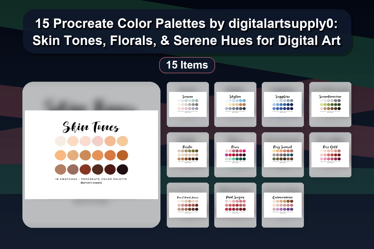 15 Procreate Color Palettes by digitalartsupply0: Skin Tones, Florals, & Serene Hues for Digital Art