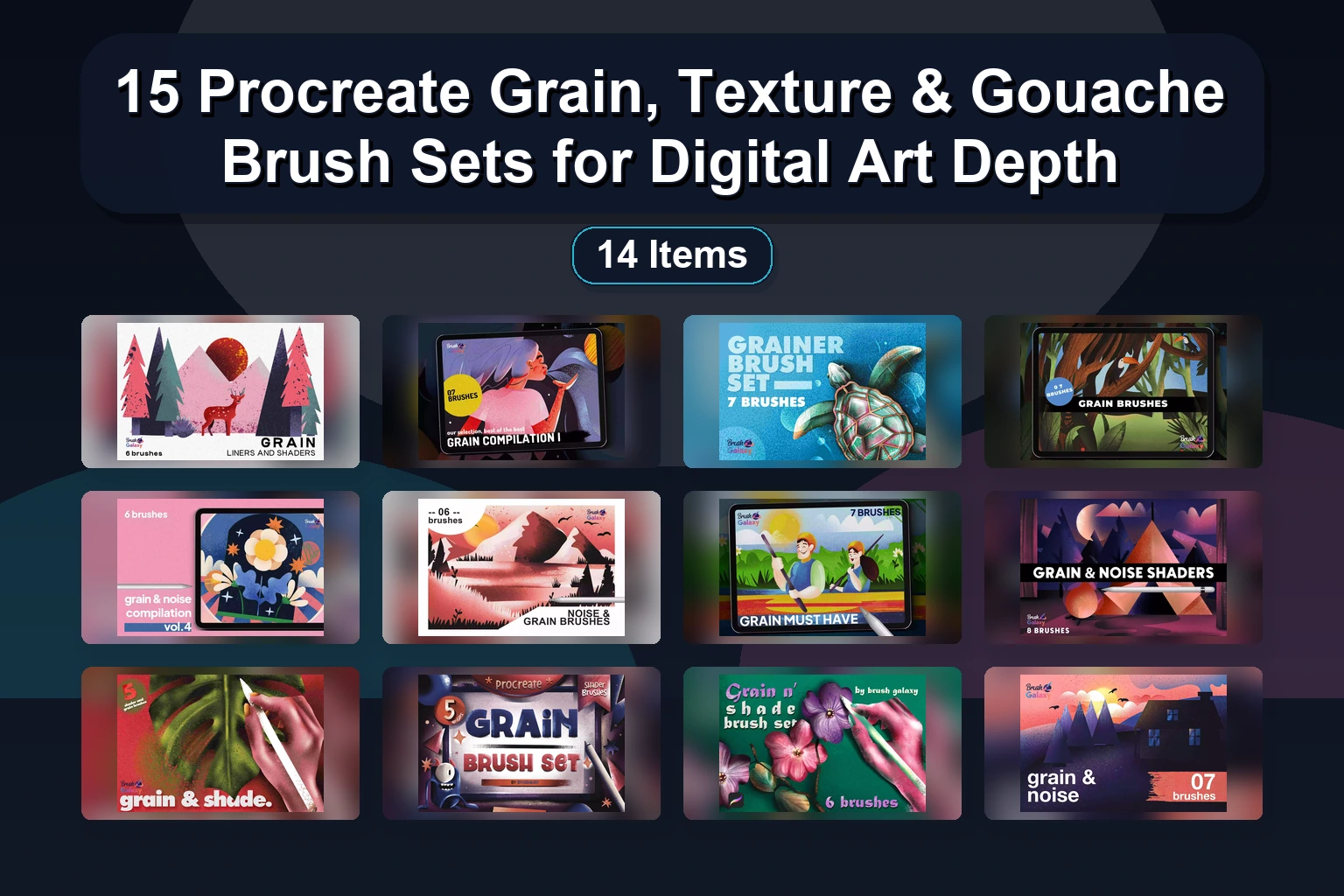15 Procreate Brush Sets: Gouache, Glitter & Grain Textures (Vol 2-4)
