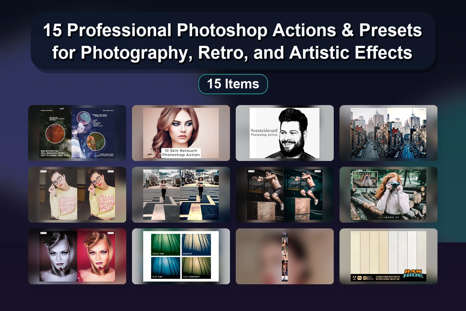 15 Premium Photoshop Actions: Matte, Cinema, HDR, Neon & Sketch Effects Collection (Part 17)
