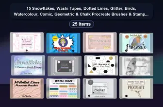 15 Snowflakes, Washi Tapes, Dotted Lines, Glitter, Birds, Watercolour, Comic, Geometric & Chalk Procreate Brushes & Stamps Collection