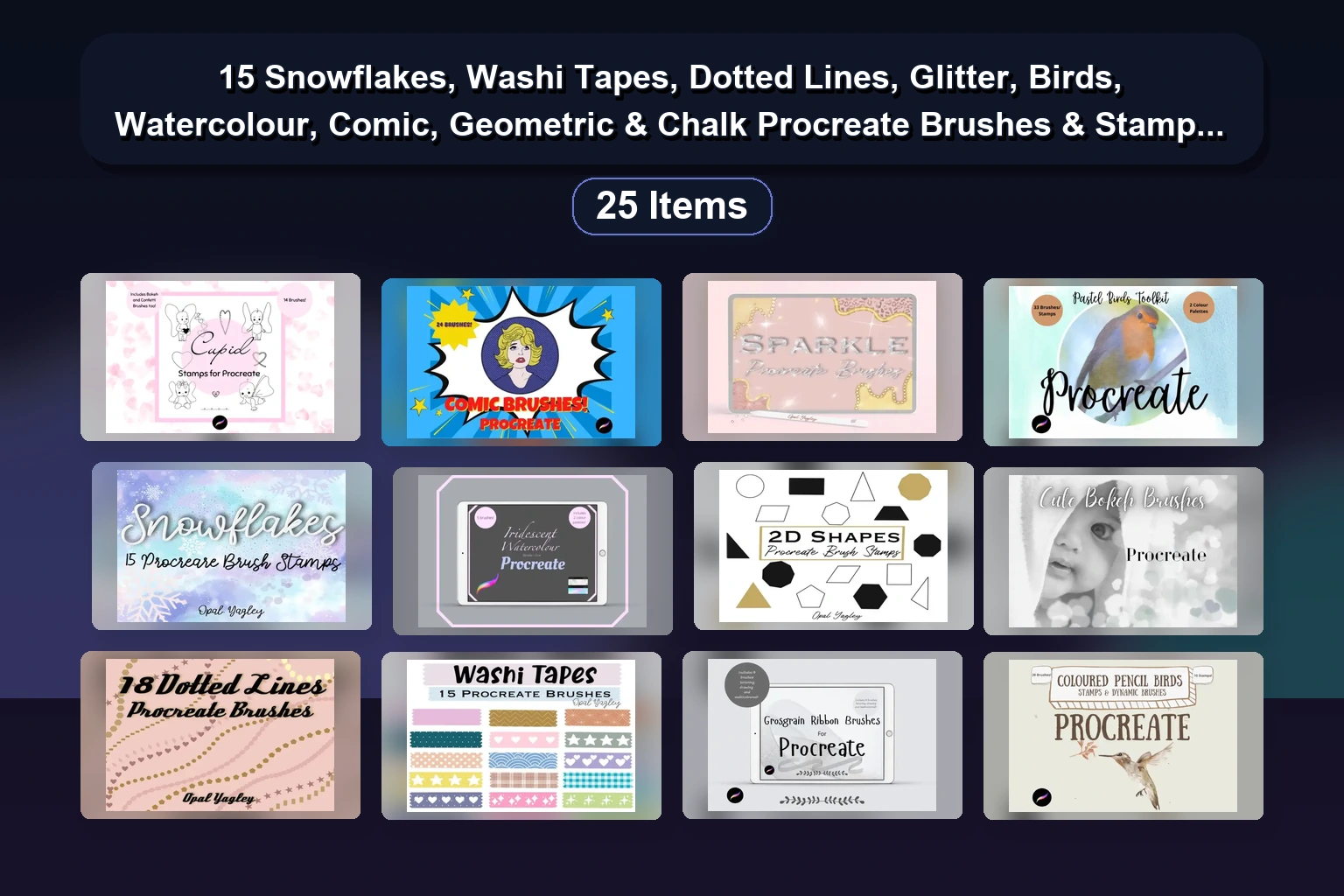 15 Snowflakes, Washi Tapes, Dotted Lines, Glitter, Birds, Watercolour, Comic, Geometric & Chalk Procreate Brushes & Stamps Collection 15 Snowflakes Washi Tapes Dotted Lines Glitter Birds Waterco collage d9bc792a 1781855370