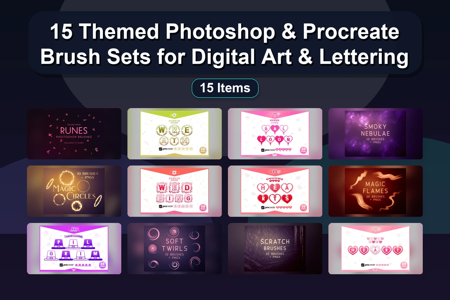 25 Procreate & Photoshop Stamp Brushes: Christmas, Halloween, Alphabet & Digital Art Supplies