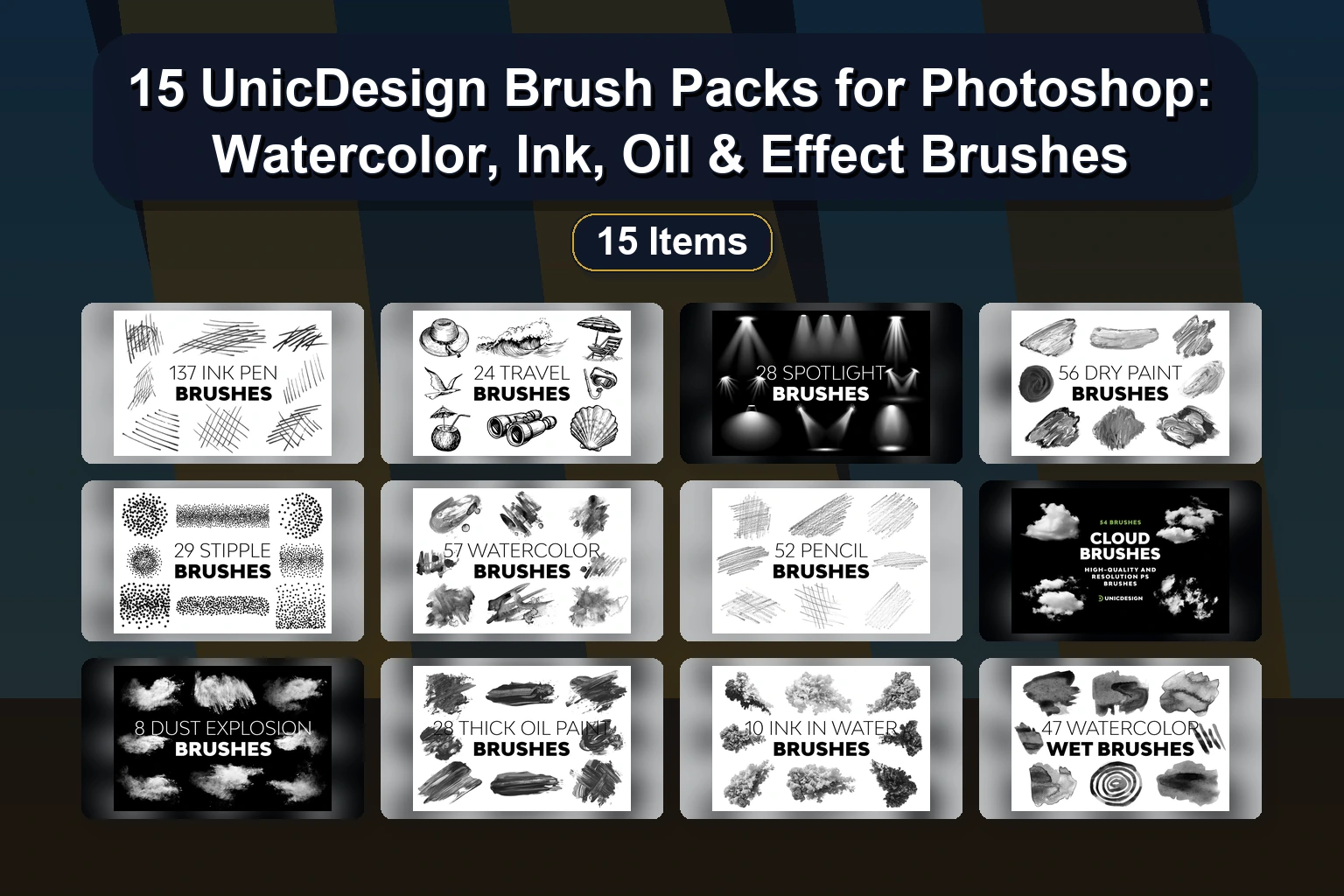 15个UnicDesign Photoshop画笔包：水彩、墨水、油画与特效笔刷