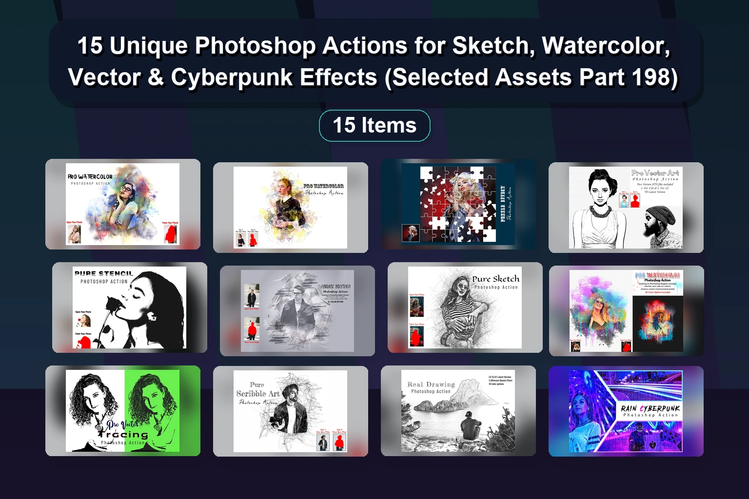 15 Pro Photoshop Actions for Painting, Art, Cyberpunk & Watercolor Effects (Best StudioRetouch Bundle)