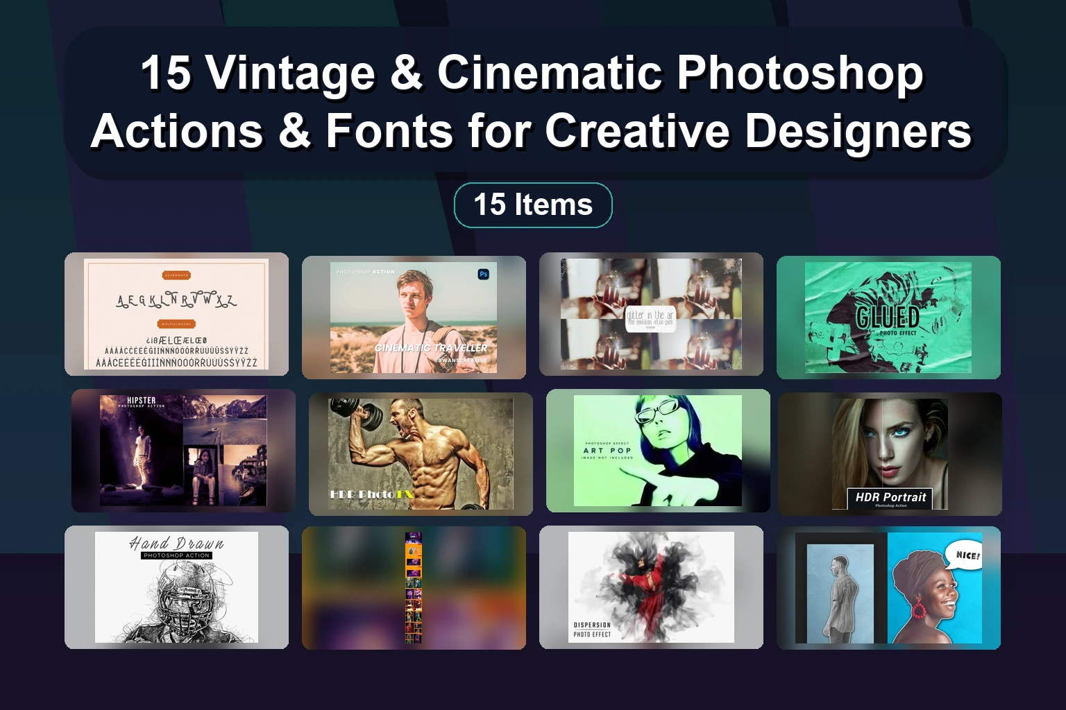 15 Photoshop Actions & Lightroom Presets for Flat Vector, Galaxy, Comic, Travel & Dark Effects (Selected Assets Part 103)