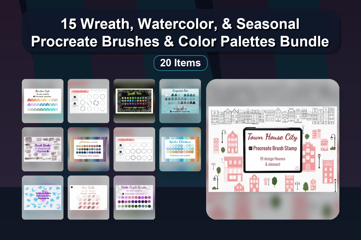 15 Wreath, Watercolor, & Seasonal Procreate Brushes & Color Palettes Bundle