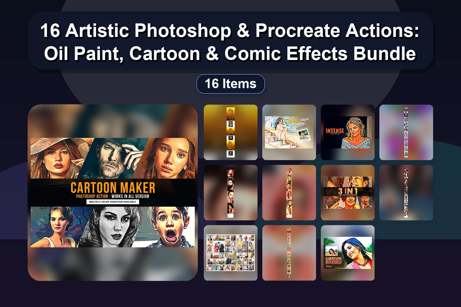 16 Artistic Photoshop & Procreate Actions: Oil Paint, Cartoon & Comic Effects Bundle 16 Artistic Photoshop Procreate Actions Oil Paint Cartoon collage b53c4741 1781862362