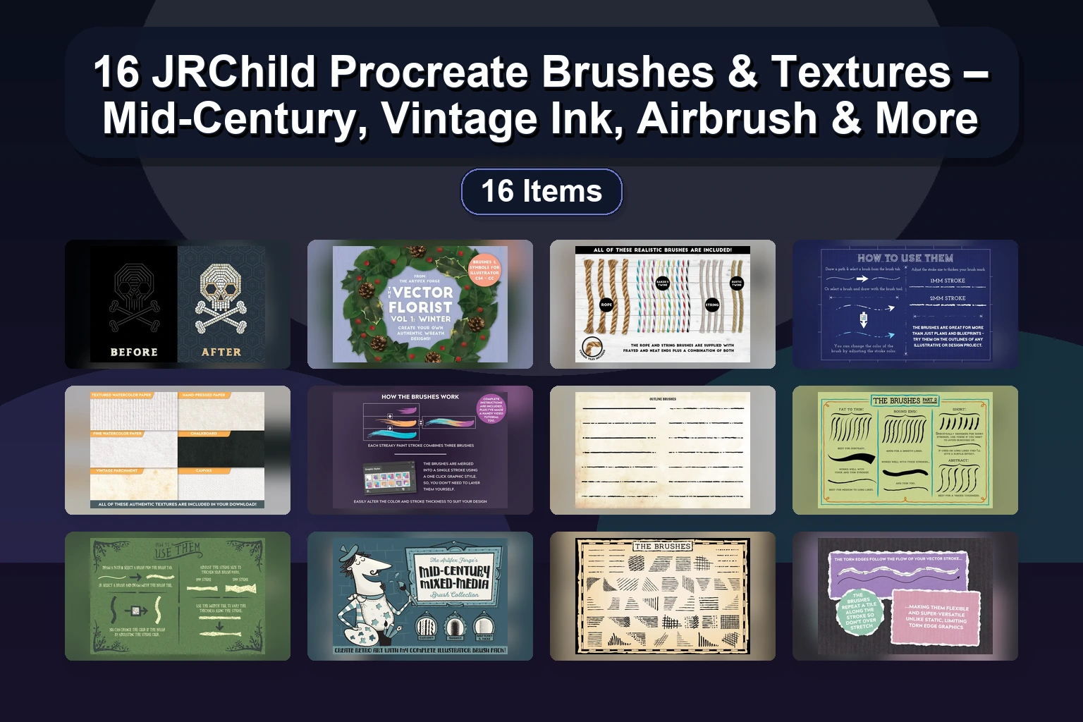 16 JRChild Procreate Brushes & Textures – Mid-Century, Vintage Ink, Airbrush & More