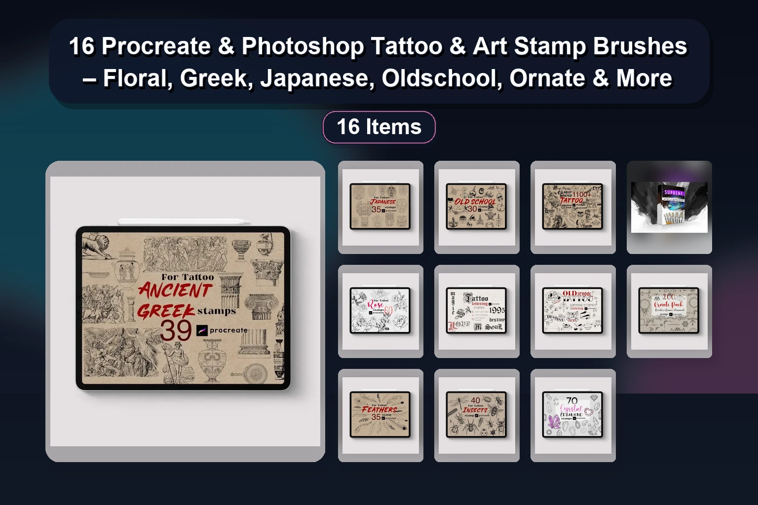 16 Procreate & Photoshop Tattoo & Art Stamp Brushes – Floral, Greek, Japanese, Oldschool, Ornate & More