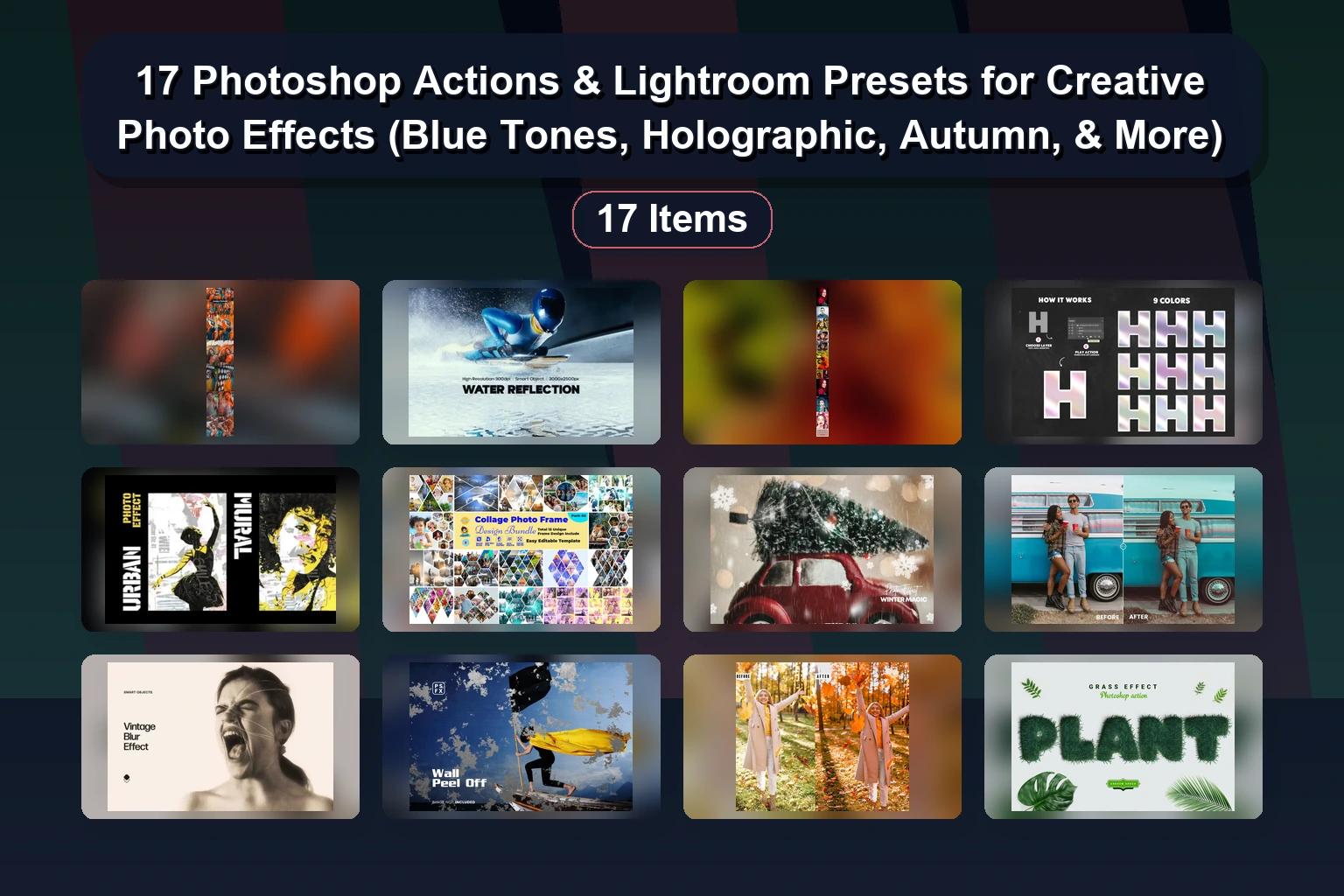 17 Photoshop Actions & Lightroom Presets for Creative Photo Effects (Blue Tones, Holographic, Autumn, & More) 17 Photoshop Actions Lightroom Presets for Creative Photo E collage 468ce096 1781861811