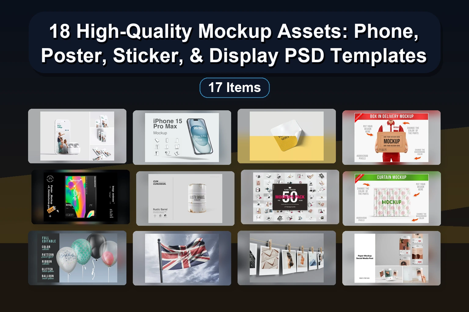 18 High-Quality Mockup Assets: Phone, Poster, Sticker, & Display PSD Templates 18 High Quality Mockup Assets Phone Poster Sticker Display collage a654c1d0 1781869432