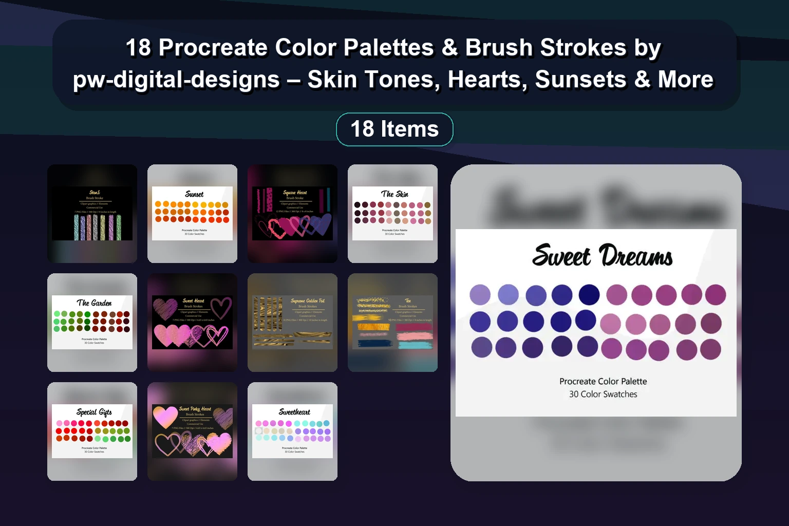 18 Procreate Color Palettes & Brush Strokes by pw-digital-designs – Skin Tones, Hearts, Sunsets & More