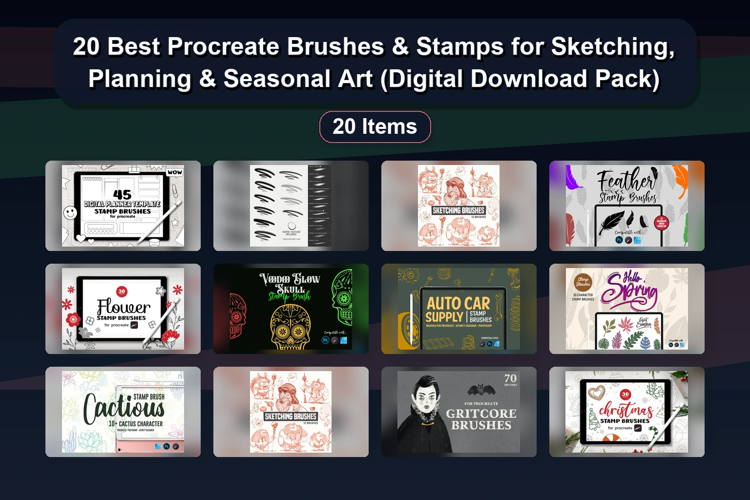 20 Procreate Stamp & Brush Sets: Holidays, Letters, Textures & More