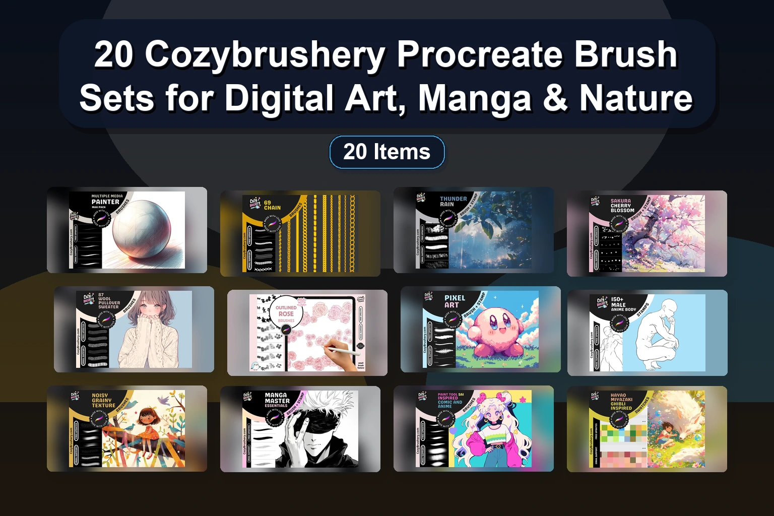 20套适用于数字艺术、漫画和自然的Cozybrushery Procreate笔刷组