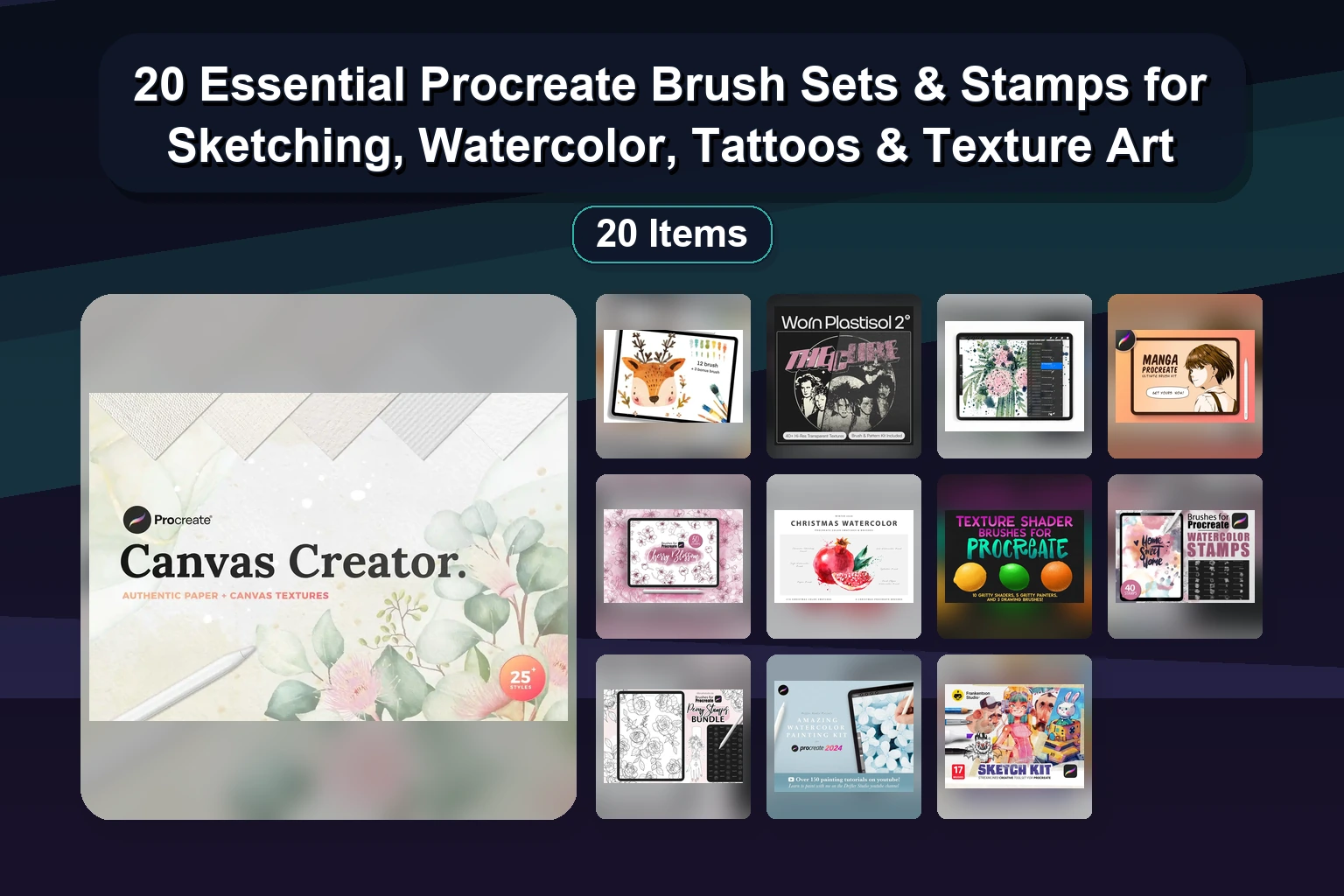 20 Procreate Brush Sets & Vector Assets: Portrait, Texture, Nature & Illustration Pack