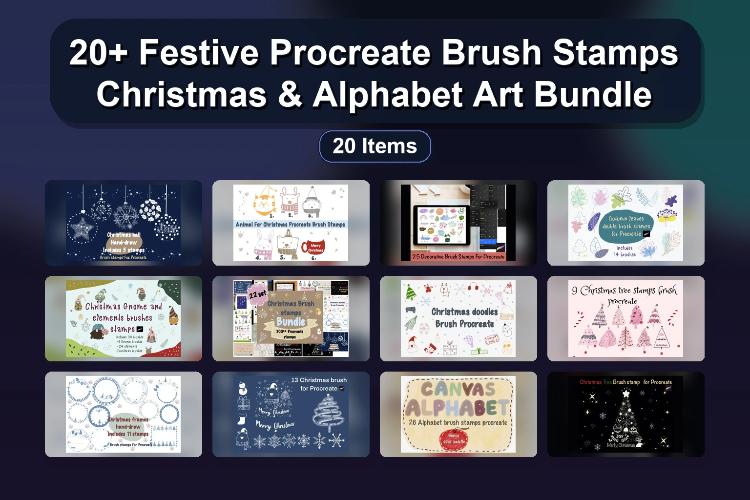 20+ Festive Procreate Brush Stamps Christmas & Alphabet Art Bundle