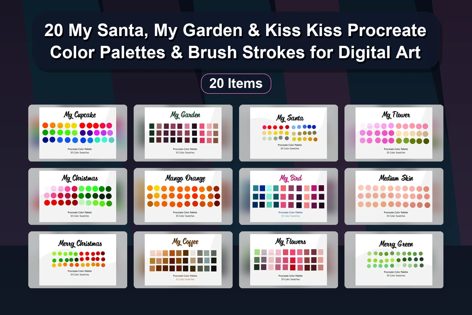 20 My Santa, My Garden & Kiss Kiss Procreate Color Palettes & Brush Strokes for Digital Art
