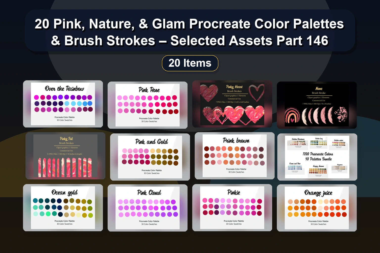 20 Pink, Nature, & Glam Procreate Color Palettes & Brush Strokes – Selected Assets Part 146