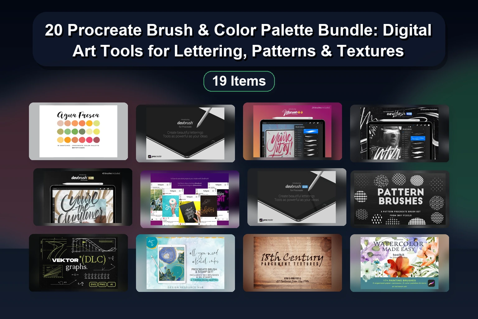 20 Procreate Brush & Color Palette Bundle: Digital Art Tools for Lettering, Patterns & Textures 20 Procreate Brush Color Palette Bundle Digital Art Tools f collage 6d280478 1781838622