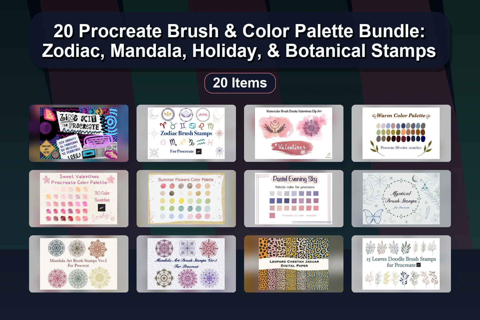 20 Procreate Brush & Color Palette Bundle: Zodiac, Mandala, Holiday, & Botanical Stamps 20 Procreate Brush Color Palette Bundle Zodiac Mandala Holi collage d4673dad 1781838777