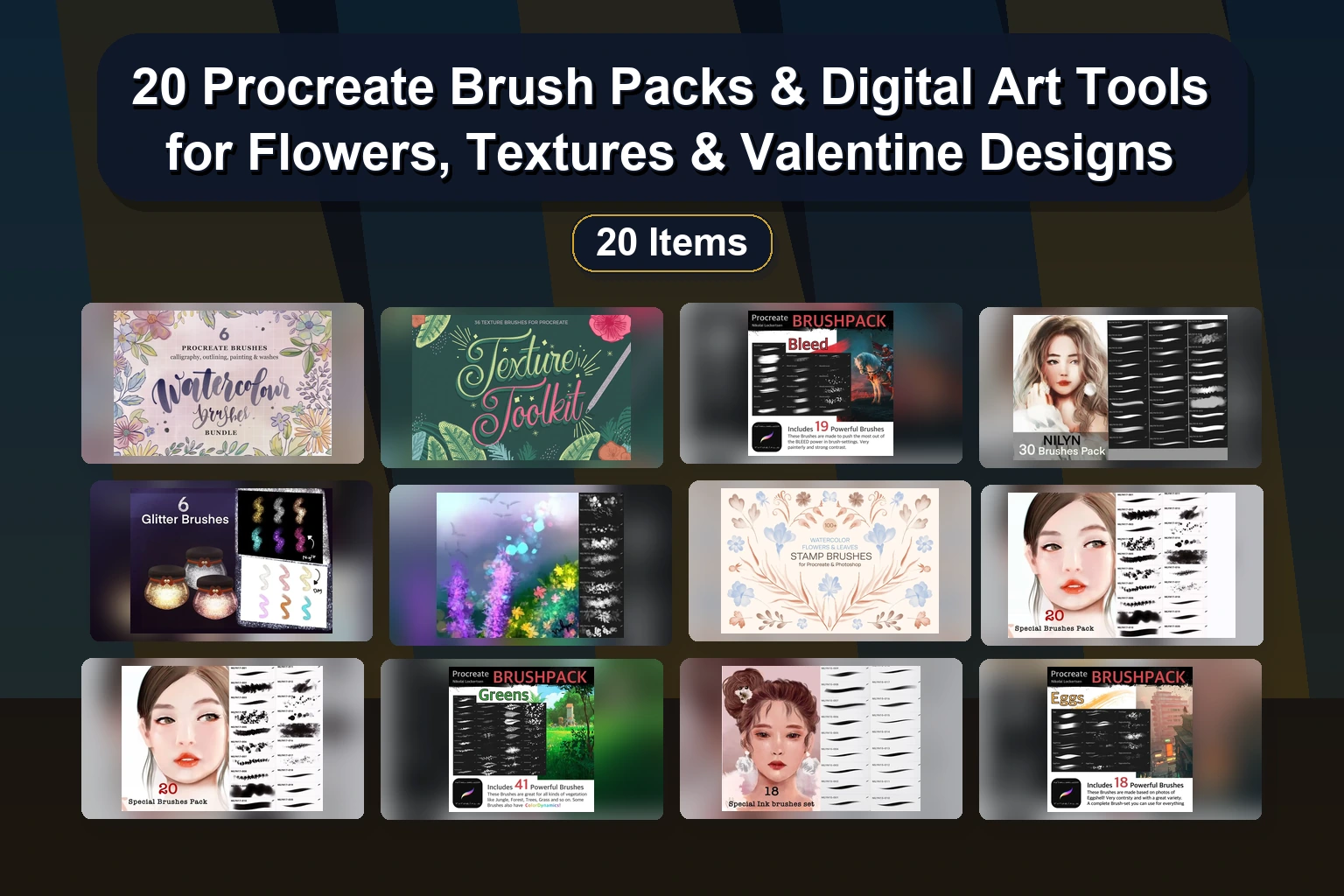20 Procreate Brush Packs & Digital Art Tools for Flowers, Textures & Valentine Designs 20 Procreate Brush Packs Digital Art Tools for Flowers