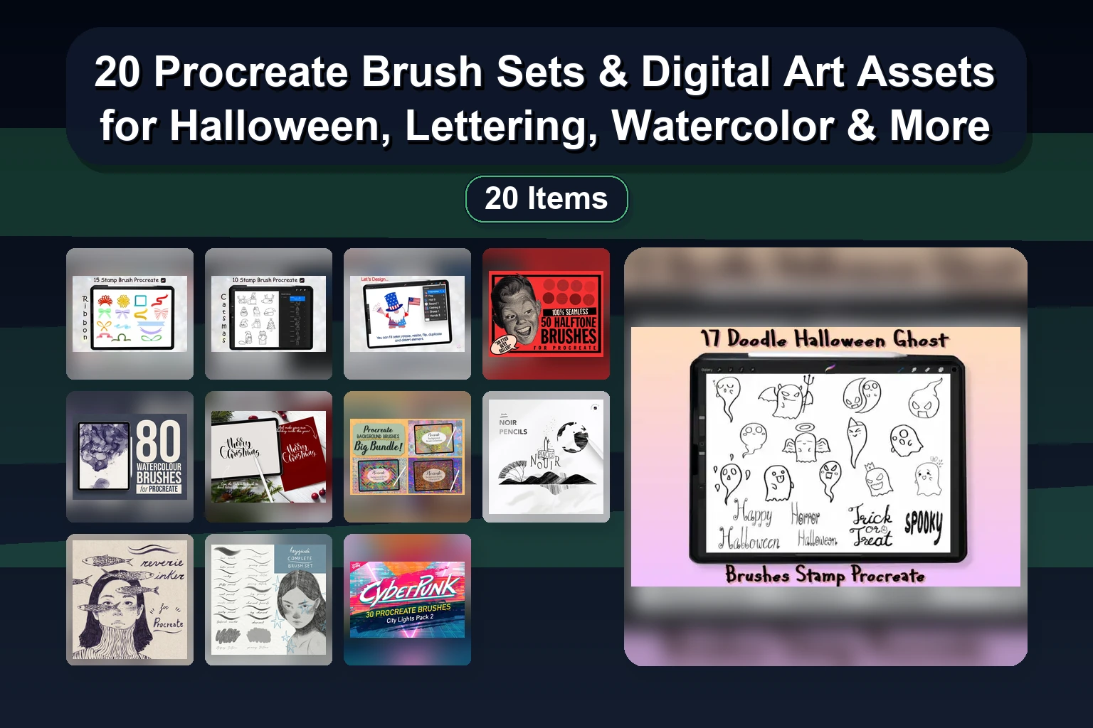 20 Procreate Brush Sets & Digital Art Assets for Halloween, Lettering, Watercolor & More