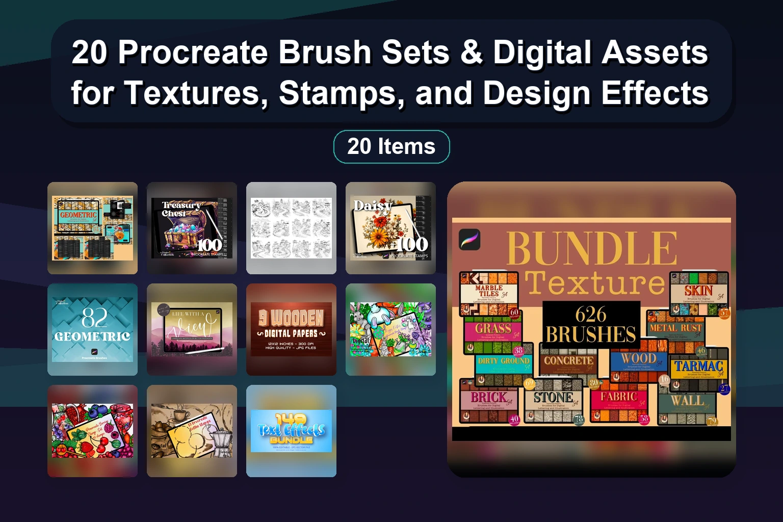 20 Procreate Brush Sets & Digital Assets for Textures, Stamps, and Design Effects 20 Procreate Brush Sets Digital Assets for Textures Stamps collage 557126f0 1781838136