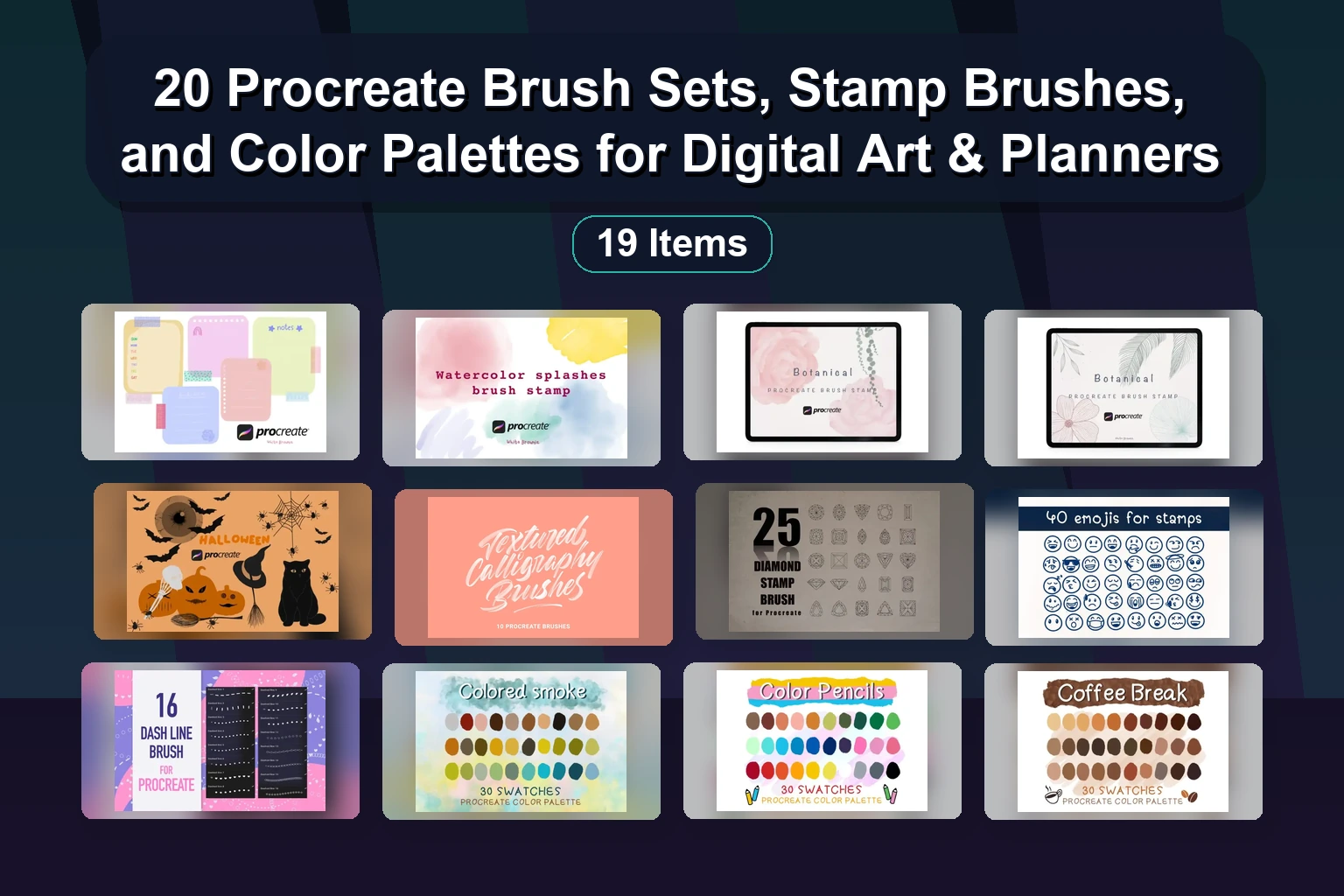 20 Procreate Brush Sets, Stamp Brushes, and Color Palettes for Digital Art & Planners