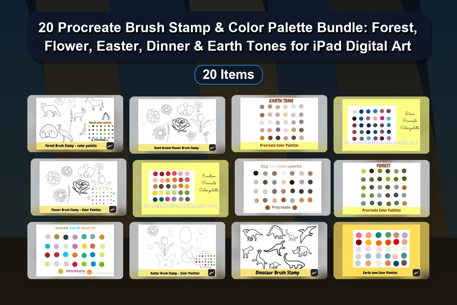 20 Procreate Brush Stamp & Color Palette Bundle: Forest, Flower, Easter, Dinner & Earth Tones for iPad Digital Art