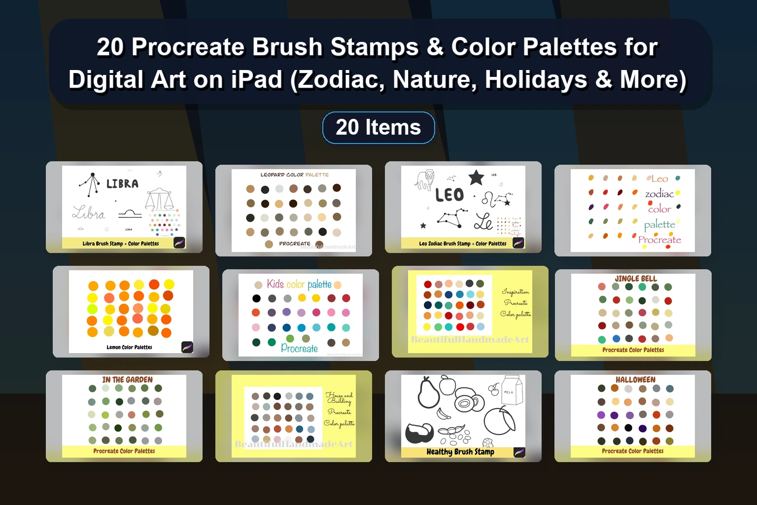 20 Procreate Brush Stamps & Color Palettes for Digital Art on iPad (Zodiac, Nature, Holidays & More)