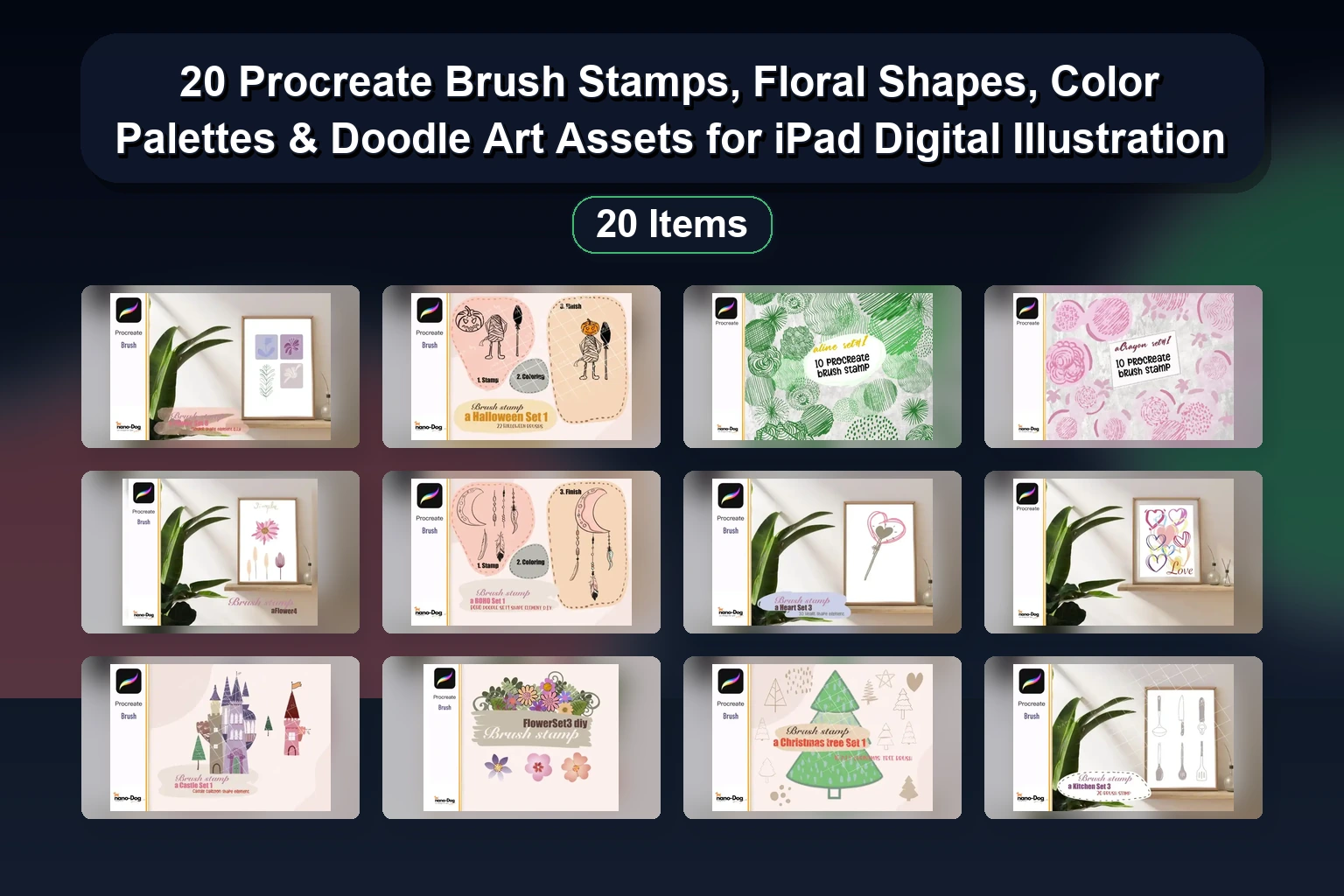 15 Procreate Brush Stamp Sets: Cute Doodles, Fish, Flowers, Trees & Shapes for Digital Art