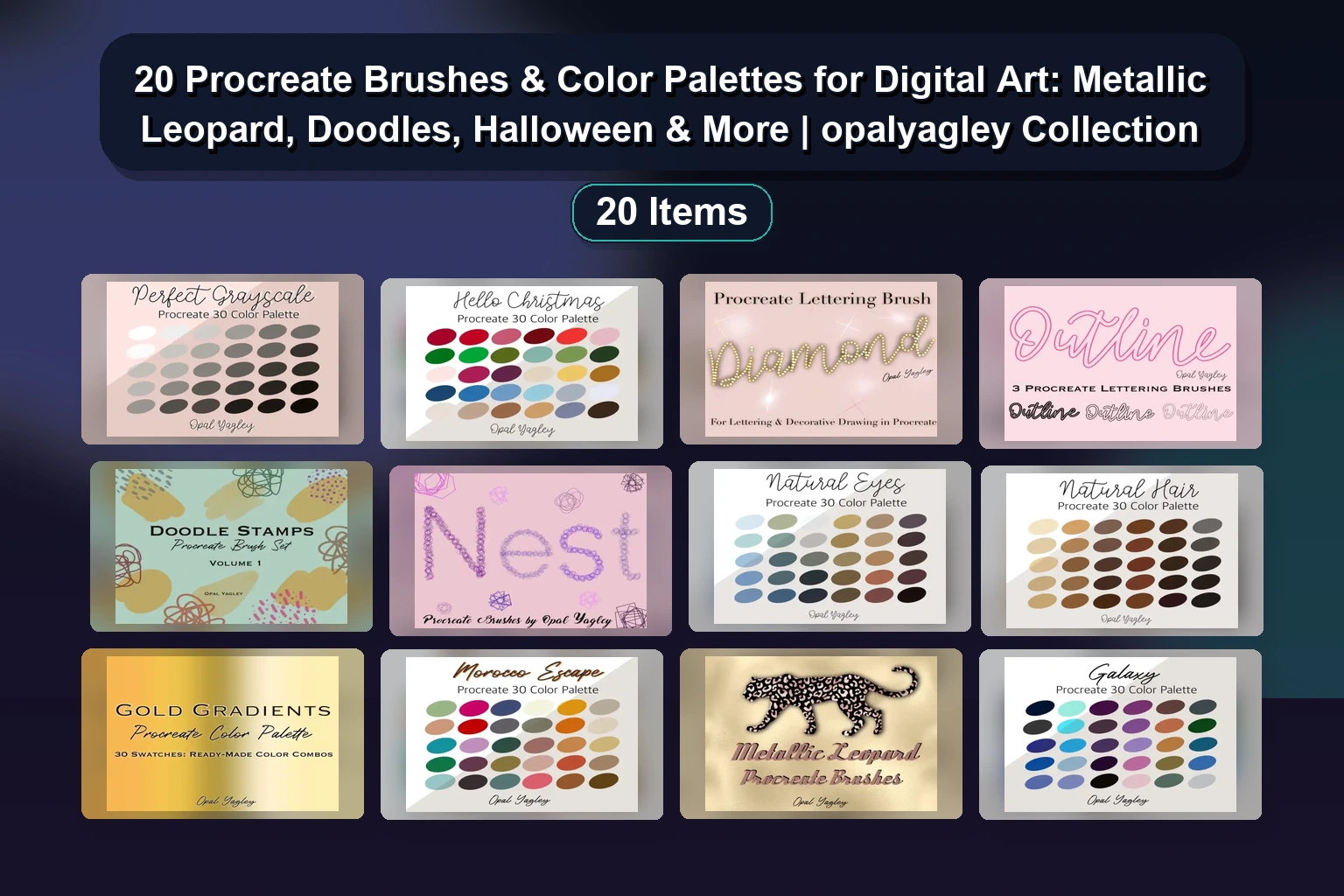 20 Procreate Brushes & Color Palettes for Digital Art: Metallic Leopard, Doodles, Halloween & More | opalyagley Collection