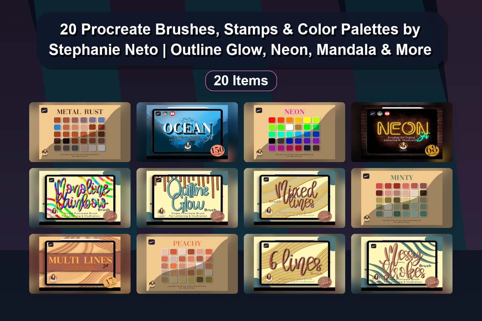 20 Procreate Brushes, Stamps & Color Palettes by Stephanie Neto | Outline Glow, Neon, Mandala & More