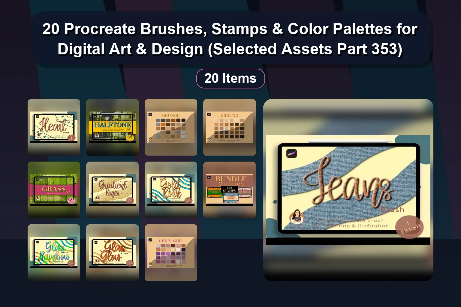 20 Procreate Brushes, Stamps & Color Palettes for Digital Art & Design (Selected Assets Part 353)