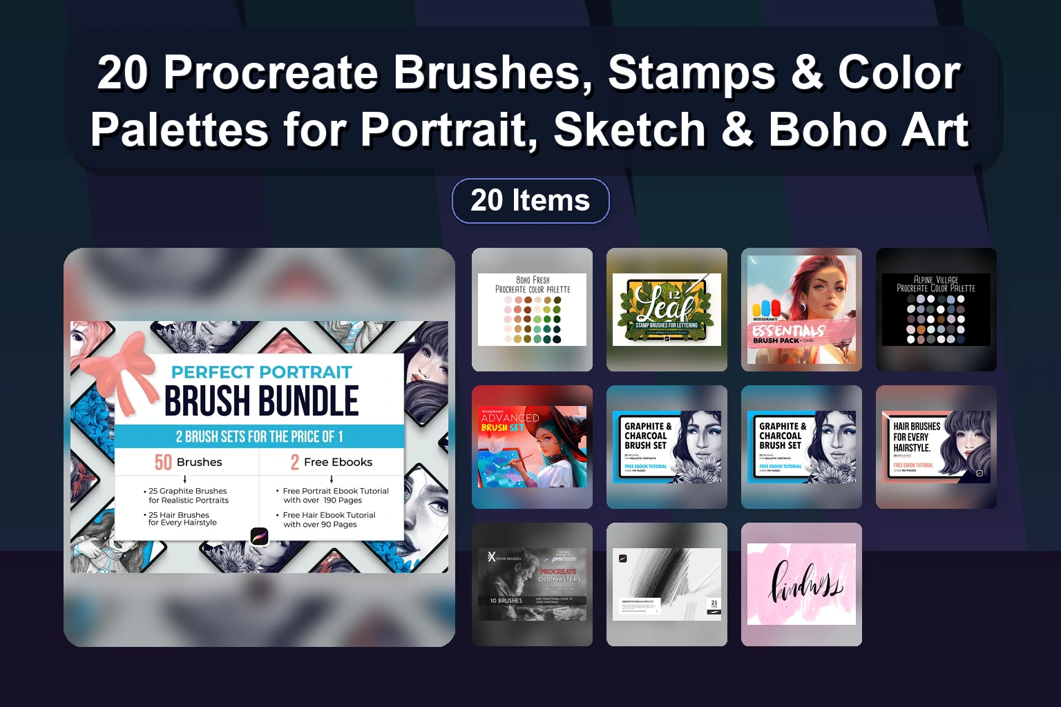 20 Procreate Brushes & Color Palettes: Abstract Grunge Brushes, Ink Strokes & Spring Florals to Mood Blue