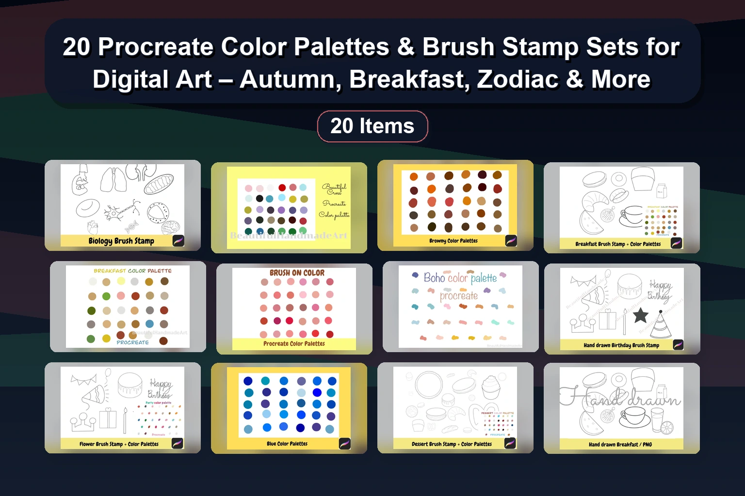 20 Procreate Color Palettes & Brush Stamp Sets for Digital Art – Autumn, Breakfast, Zodiac & More