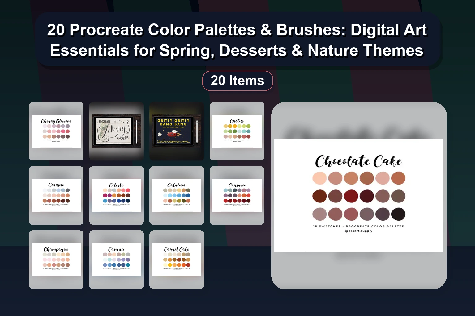 20 Procreate Color Palettes & Brushes: Digital Art Essentials for Spring, Desserts & Nature Themes 20 Procreate Color Palettes Brushes Digital Art Essentials collage 6206214e 1781838612