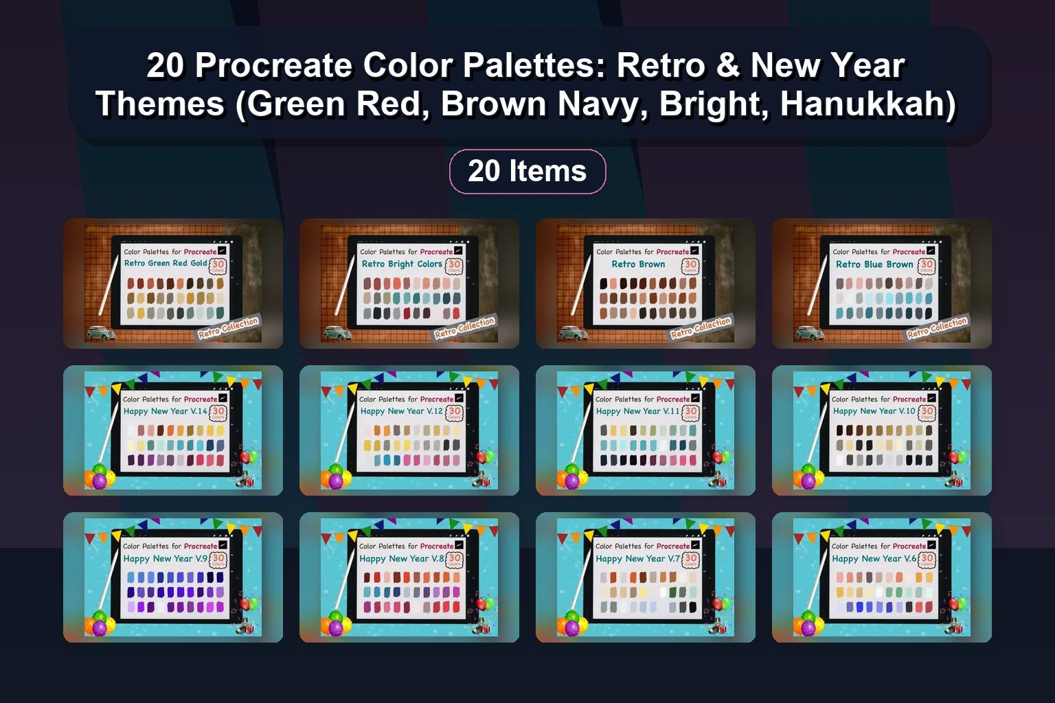 20 Procreate Color Palettes: Retro & New Year Themes (Green Red, Brown Navy, Bright, Hanukkah) 20 Procreate Color Palettes Retro New Year Themes Green Red collage 7c3a41d4 1781838366