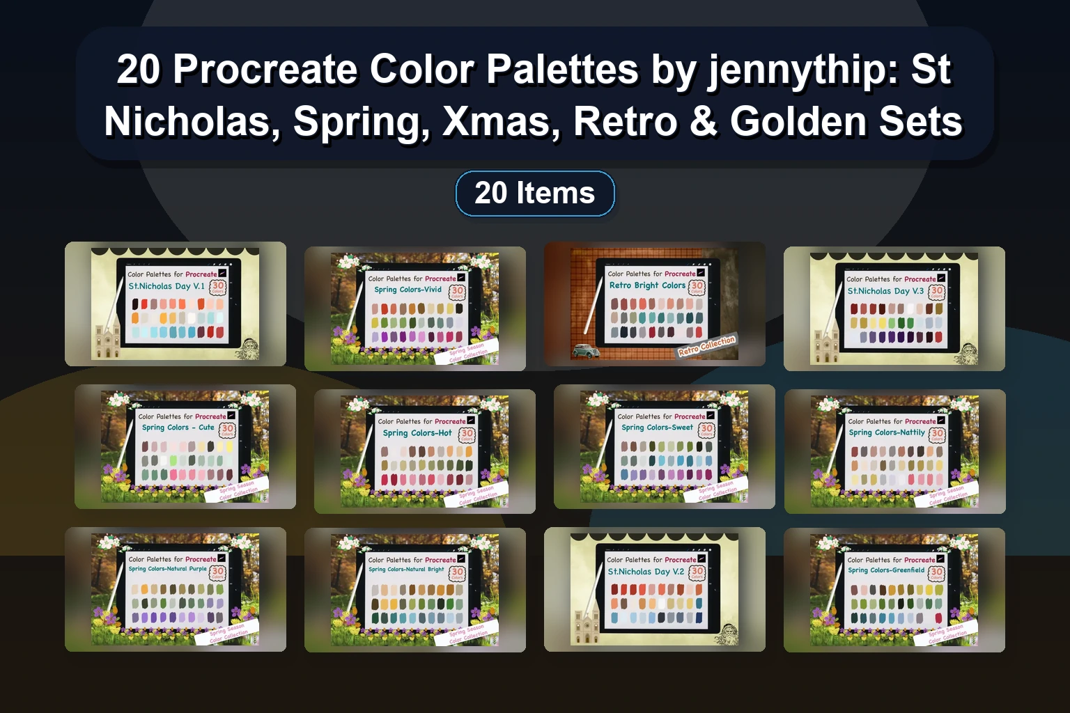 20 Procreate Color Palettes: Retro & New Year Themes (Green Red, Brown Navy, Bright, Hanukkah)