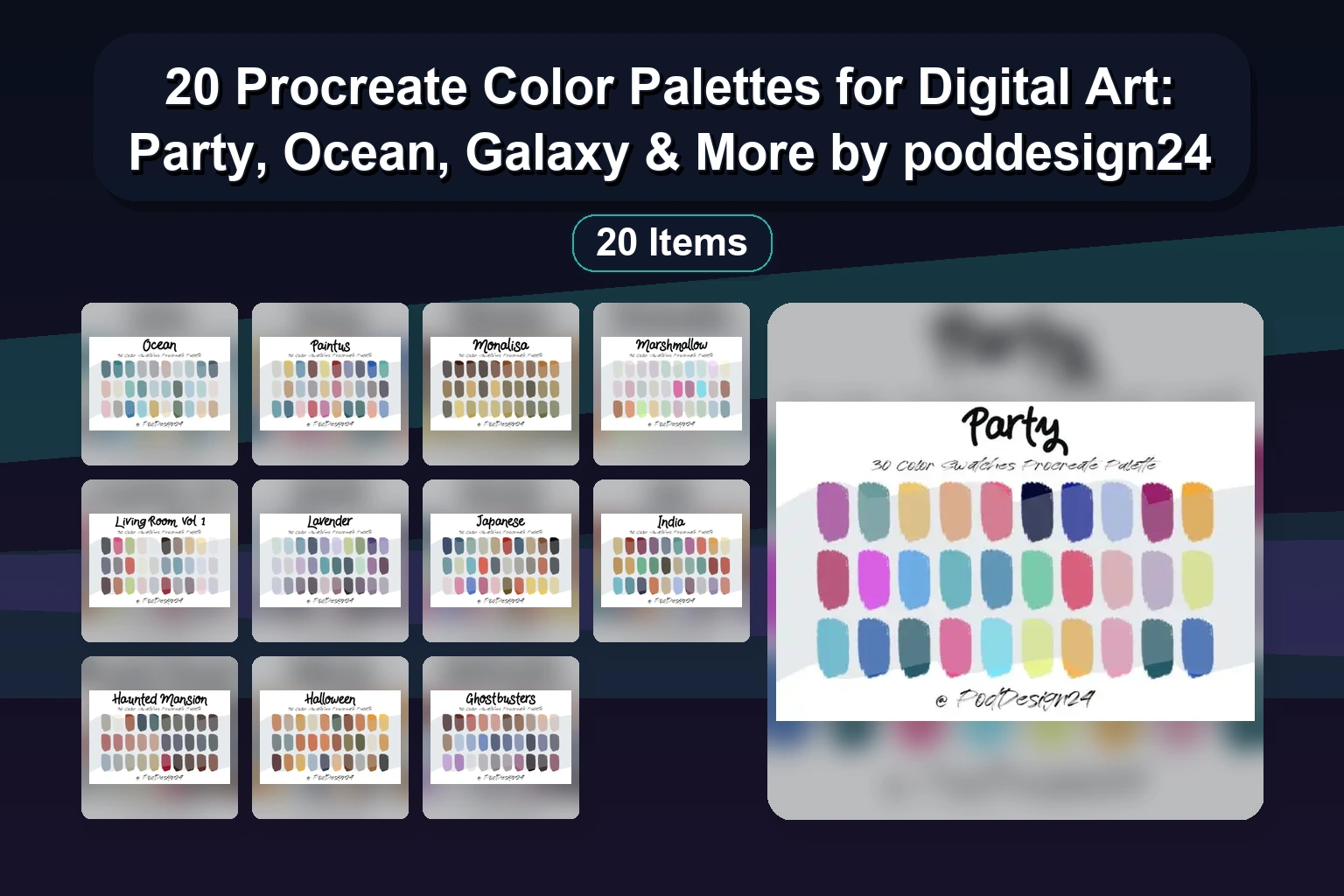 20 Procreate Color Palettes for Digital Art: Party, Ocean, Galaxy & More by poddesign24