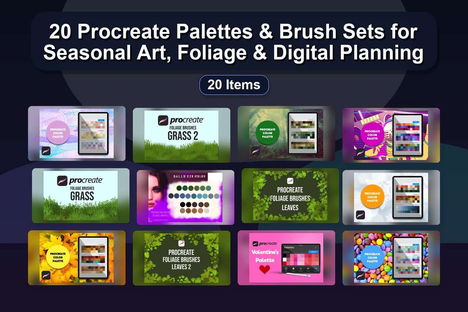 20 Procreate Stamp, Pattern & Lettering Brushes: Doodle Leaves, Butterflies, Hearts & More