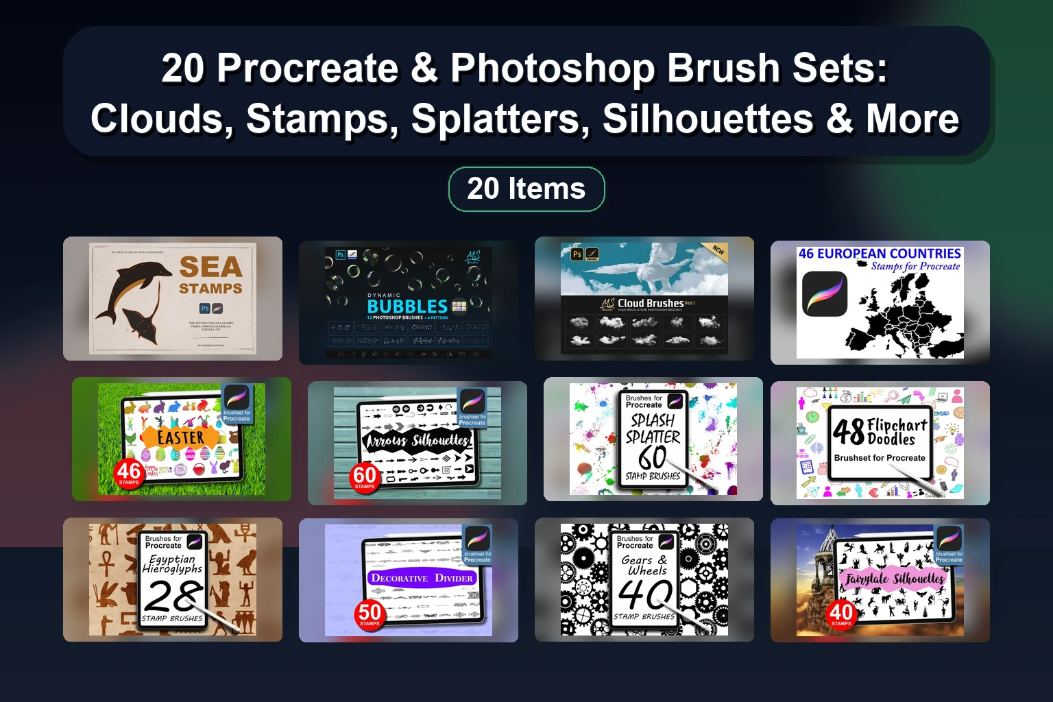 20 Procreate & Photoshop Brush Sets: Clouds, Stamps, Splatters, Silhouettes & More 1 20 Procreate & Photoshop Brush Sets: Clouds, Stamps, Splatters, Silhouettes & More 20 Procreate Photoshop Brush Sets Clouds Stamps Splatters S collage fc081c99 1781838151