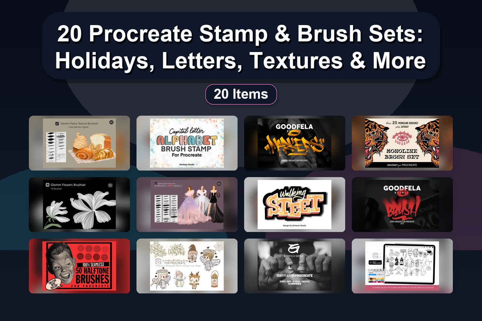 Procreate Alphabet Brush Stamps & Lettering Set: Graffiti, Gnomes, Flowers & Clipart